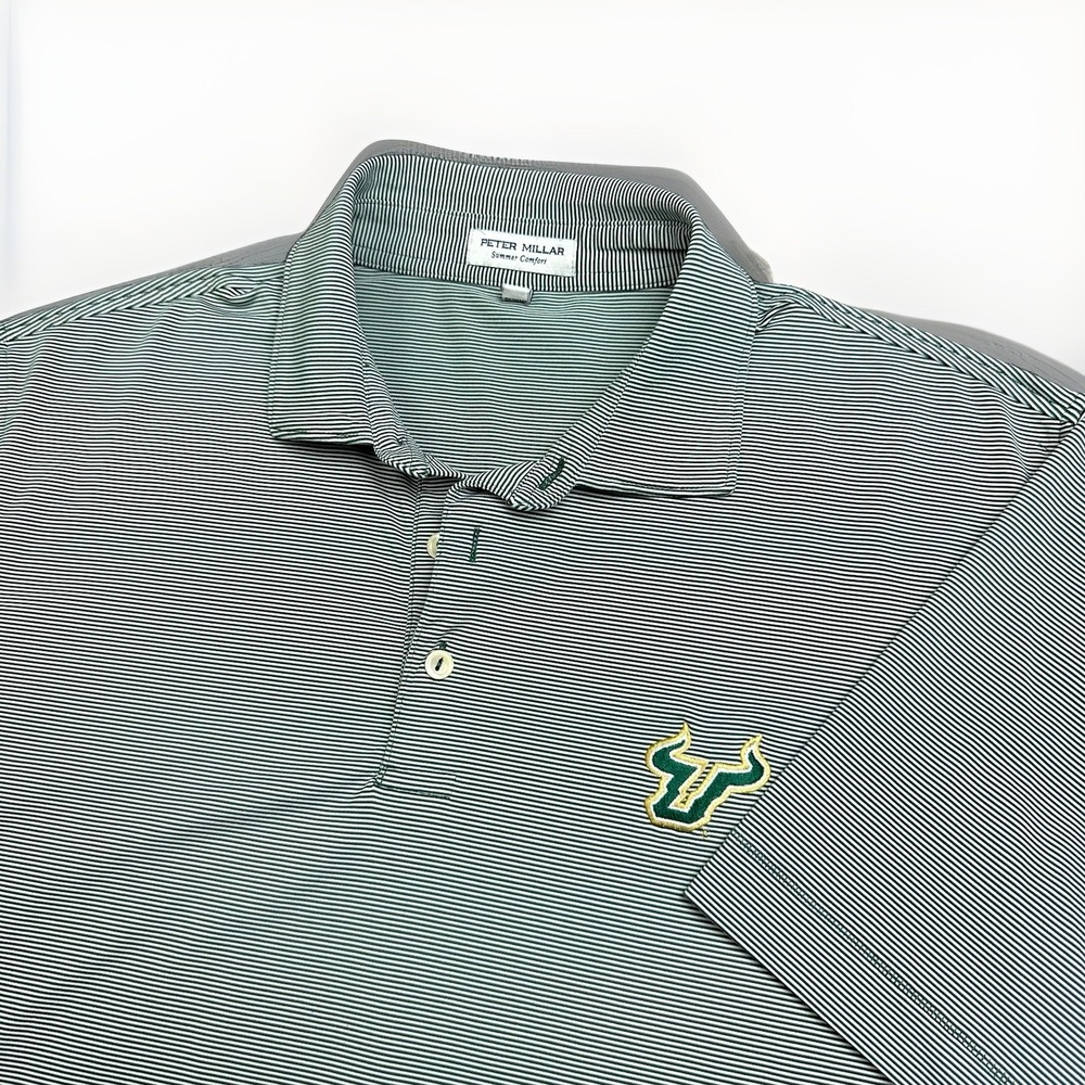 Peter Millar Summer Comfort Polo Shirt Men M Green Striped USF Bulls Golf Colleg
